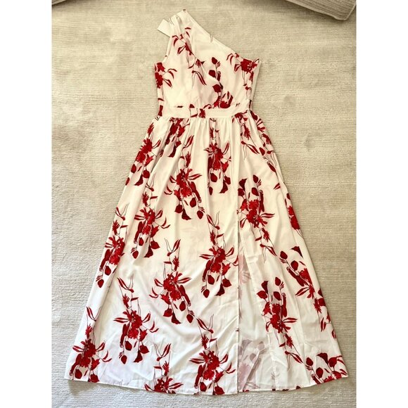 One Shoulder Red Floral Maxi Dress Size Medium Spring Summer Occasion Wear - Picture 6 of 10